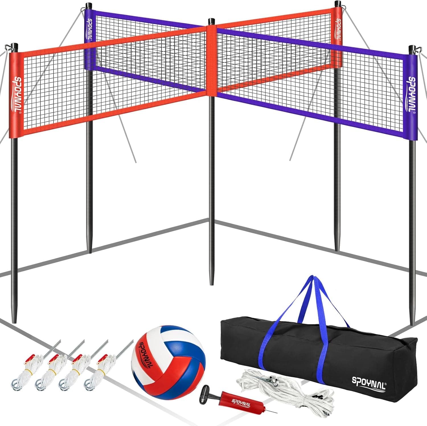SPOYNAL 14FT 4 Way Volleyball Net Set, 4 Square Volleyball Game Set with Adjustable Height 7/5.3/3.5 FT, Outdoor Games for Backyard, Beach, Park with Volleyball & Carry Bag