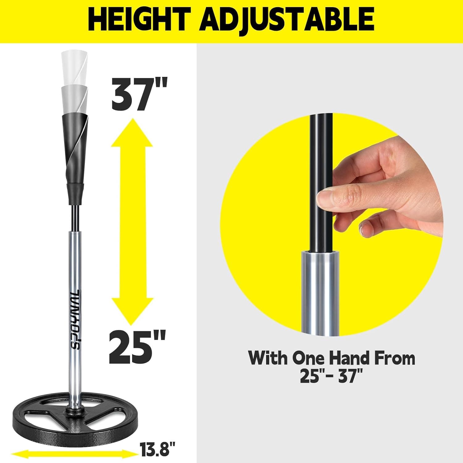 SPOYNAL Portable Batting Tee for Baseball/Softball - Adjustable Height 24" to 46", 25" to 37", Baseball Practice Training Hand-Rolled Flexible Rubber Top & Heavy Duty Base for T-Ball, Youth & Adults alternate view